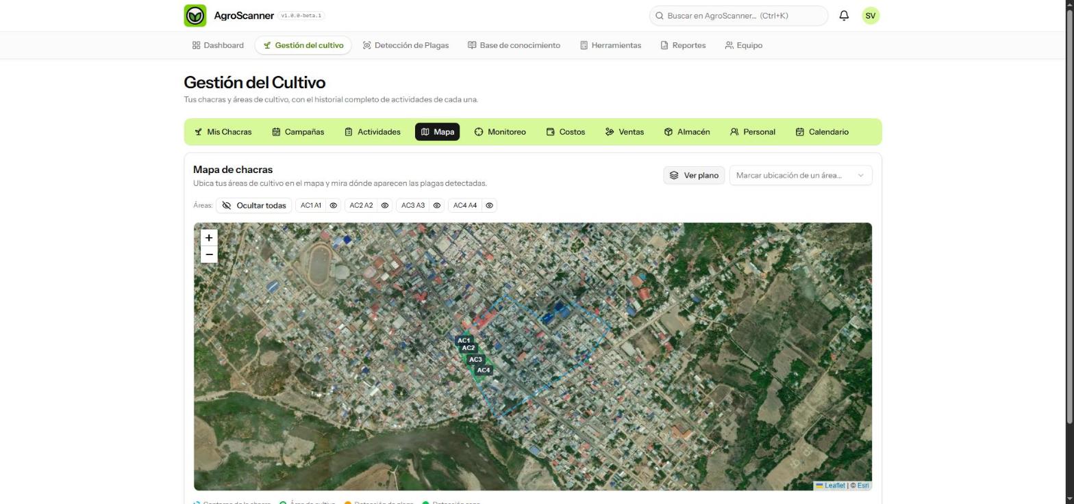 Tus áreas dibujadas sobre la foto satelital real, con las detecciones de plagas geolocalizadas y saltos directos entre campos.